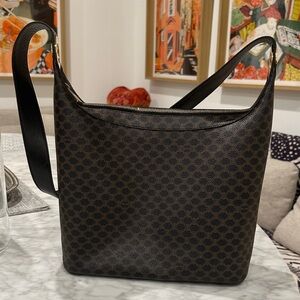 CELINE Circle Logo Macadam PVC Leather Shoulder Bag Gold Hardware Dark Brown